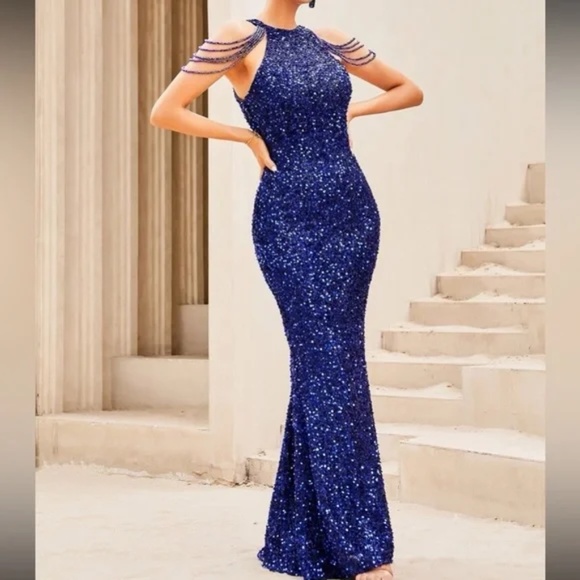 Plus Sequin Rhinestone Halter Formal Black Tie Wedding Dress - Picture 10 of 16